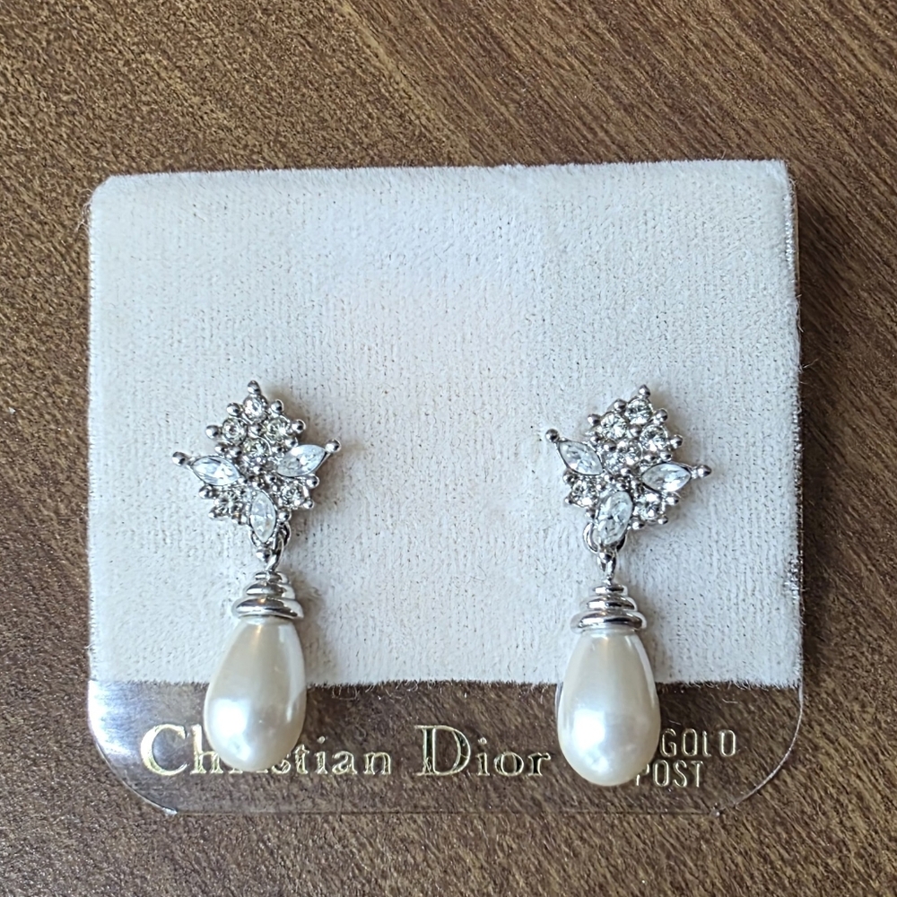 Vintage Christian Dior Crystal and Faux Pearl Drop Earrings For Pierced Ears